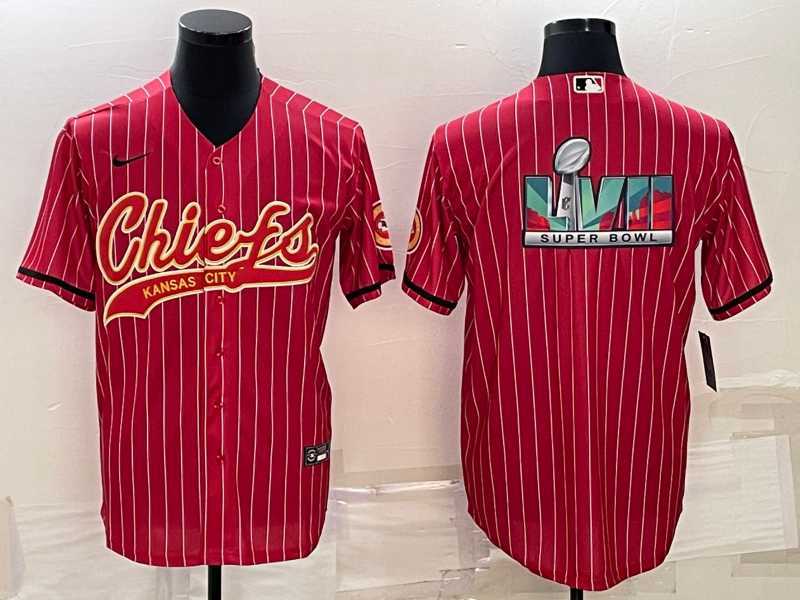 Mens Kansas City Chiefs Blank Red With Super Bowl LVII Big Logo Cool Base Stitched Baseball Jersey